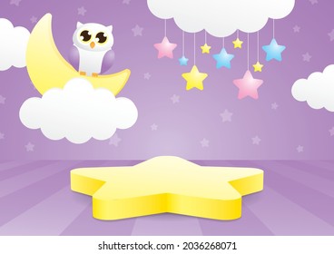 cute kawaii gold star podium display with night scene consists of cloud owl stars and moon on purple wall and floor background 3d illustration vector for putting your object