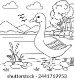 Cute kawaii goose and river background cartoon character coloring page vector illustration