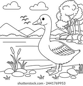 Cute kawaii goose and river background cartoon character coloring page vector illustration