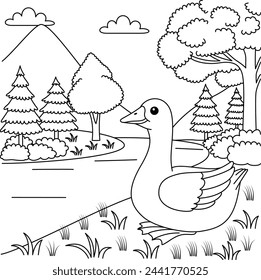 Cute kawaii goose and river background cartoon character coloring page vector illustration