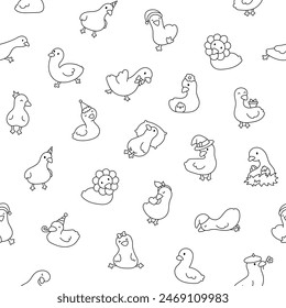 Cute kawaii goose. Seamless pattern. Coloring Page. Cartoon funny duck characters. Hand drawn style. Vector drawing. Design ornaments.