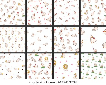 Cute kawaii goose. Seamless pattern. Cartoon funny duck characters. Hand drawn style. Vector drawing. Collection of design ornaments.