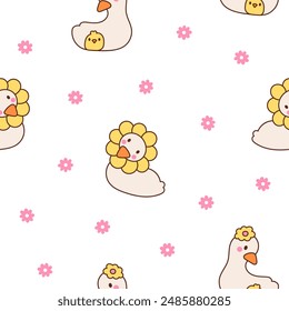 Cute kawaii goose. Seamless pattern. Cartoon funny duck characters. Hand drawn style. Vector drawing. Design ornaments.