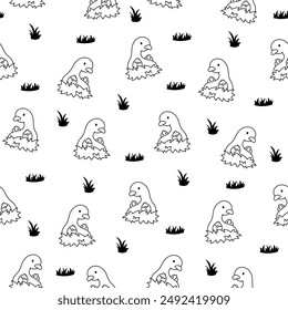 Cute kawaii goose. Seamless pattern. Coloring Page. Cartoon funny duck characters. Hand drawn style. Vector drawing. Design ornaments.