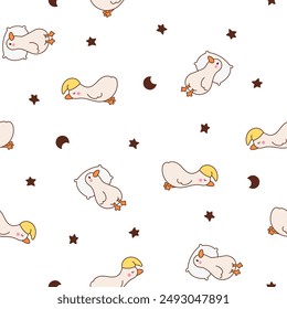 Cute kawaii goose. Seamless pattern. Cartoon funny duck characters. Hand drawn style. Vector drawing. Design ornaments.