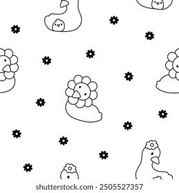 Cute kawaii goose. Seamless pattern. Coloring Page. Cartoon funny duck characters. Hand drawn style. Vector drawing. Design ornaments.