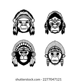 cute kawaii gorilla head wearing indian chief accessories collection set hand drawn illustration