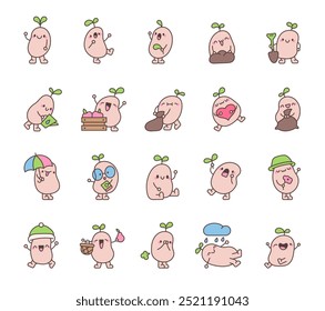 Cute kawaii grain. Adorable cartoon character. Vector drawing. Collection of design elements.