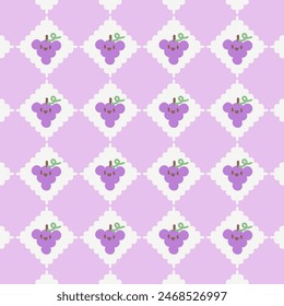 Lindo patrón de uva Kawaii con fondo violeta. Adorable patrón de Vector con caras de uva estilo kawaii sobre un fondo violeta y blanco.