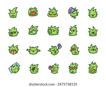 Cute kawaii grass. Adorable cartoon character. Hand drawn style. Vector drawing. Collection of design elements.