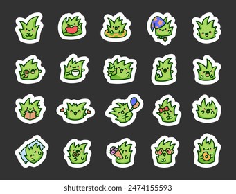 Cute kawaii grass. Sticker Bookmark. Adorable cartoon character. Hand drawn style. Vector drawing. Collection of design elements.