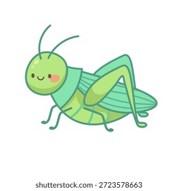 Süße Kawaii-Heuschrecke. Vektorfrühlingssymbol, Element für Gartendesign oder gemütliche Spiele. Bug mit lächelndem Gesicht und springenden Beinen
