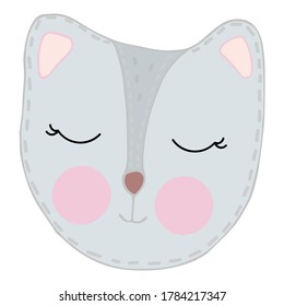 cute kawaii gray chanterelle head with funny ears and ruddy cheeks, kids toy, vector element with decorative stitching seam