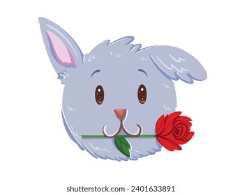 Cute kawaii gray puppy dog face portrait biting on one rose flower vector illustration isolated on white horizontal background. Simple flat cartoon art styled valentines day themed drawing.
