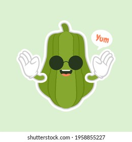 Cute and kawaii Green Chayote Cartoon Character. can be used in restaurant menu, cooking books and organic farm label. Healthy food.Tasty vegan. Organic product. Culinary vegetable ingredient