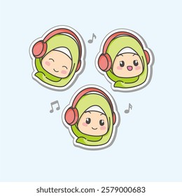 Cute and kawaii Green Hijab Girl Listening music on Headset earphone Pose, Chibi Illustration