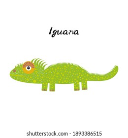 cute Kawaii green iguana, isolated on white background trend of the season. Can be used for cards for children learning words, food packaging. Vector