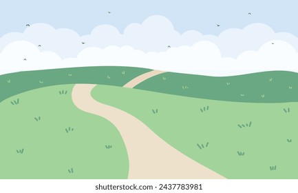 Cute kawaii green meadow grassland with clouds landscape background