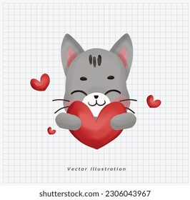 Cute kawaii grey cat holding heart. valentine's day. Doodle draw cartoon vector illustration.