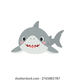 Cute kawaii grey shark facing front flat vector illustration, Cartoon shark character with toothy smile isolated, Minimalist sea predator mascot