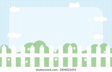 Cute Kawaii Grid Clouds Grass and fence cartoon background with framework
