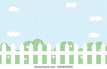 Cute Kawaii Grid Clouds Grass and fence cartoon background