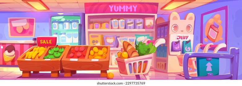 Cute kawaii tienda de comestibles fondo vectorial interior. Agradable supermercado de caricatura con comida en repisa y exposición de productos en rack con cara. Frigorífico completo con botella de leche y fruta a la venta.