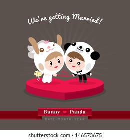 Cute kawaii groom and bride character in rabbit and panda helmet ready to get married