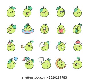Cute kawaii guava. Adorable cartoon fruit. Hand drawn style. Vector drawing. Collection of design elements.