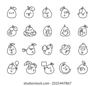 Cute kawaii guava. Coloring Page. Adorable cartoon fruit. Hand drawn style. Vector drawing. Collection of design elements.