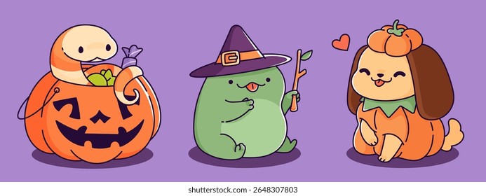 Cute kawaii Halloween animal characters - snake in jack o lantern basket with candy, green frog in witch hat, happy dog wearing pumpkin costume. Adorable spooky pets for October celebration design.