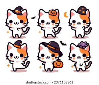 cute kawaii halloween cat witch cartoon collection