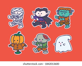 Cute and kawaii Halloween Character Illustration Sticker Set (mummy, dracula, ghost, zombie, scarecrow, frankenstein)