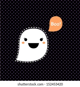Cute Kawaii Halloween Ghost isolated on black dotted background 