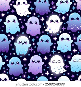 Kawaii bonito halloween fantasma padrão vetor ilustração no fundo roxo, perfeito para desenhos temáticos halloween, sem empolgação, mas adorável personagens fantasmas decoração, tecidos papelaria