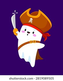 Cute kawaii Halloween ghost in pirate captain costume with tricorn hat, red bandana, and little sword. Funny cartoon spirit smiling and floating. Spooky vector character for Halloween party