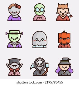 Cute Kawaii Halloween Icons Set on white background. Funny Monster Faces. Vector illustration. Avatar for kids app.