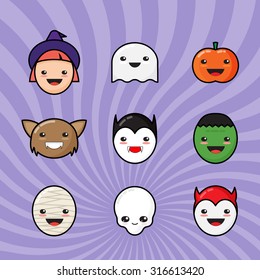 Cute Kawaii Halloween Icons Set. Funny Monster Faces on Colorful Background.