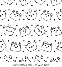 Cute kawaii Halloween pumpkin. Seamless pattern. Coloring Page. Holidays cartoon character. Monsters faces. Hand drawn style. Vector drawing. Design ornaments.