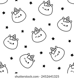 Cute kawaii Halloween pumpkin. Seamless pattern. Coloring Page. Holidays cartoon character. Monsters faces. Hand drawn style. Vector drawing. Design ornaments.