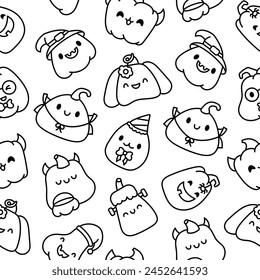 Cute kawaii Halloween pumpkin. Seamless pattern. Coloring Page. Holidays cartoon character. Monsters faces. Hand drawn style. Vector drawing. Design ornaments.