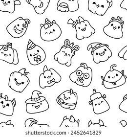 Cute kawaii Halloween pumpkin. Seamless pattern. Coloring Page. Holidays cartoon character. Monsters faces. Hand drawn style. Vector drawing. Design ornaments.