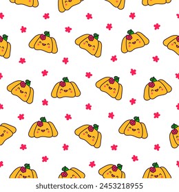 Cute kawaii Halloween pumpkin. Seamless pattern. Holidays cartoon character. Monsters faces. Hand drawn style. Vector drawing. Design ornaments.