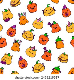 Cute kawaii Halloween pumpkin. Seamless pattern. Holidays cartoon character. Monsters faces. Hand drawn style. Vector drawing. Design ornaments.