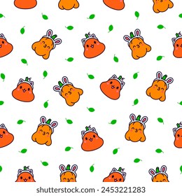 Cute kawaii Halloween pumpkin. Seamless pattern. Holidays cartoon character. Monsters faces. Hand drawn style. Vector drawing. Design ornaments.