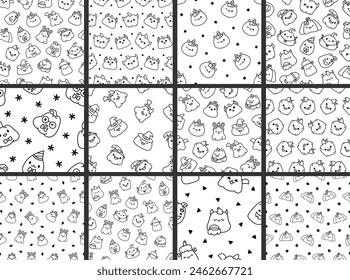 Cute kawaii Halloween pumpkin. Seamless pattern. Coloring Page. Holidays cartoon character. Monsters faces. Hand drawn style. Vector drawing. Collection of design ornaments.