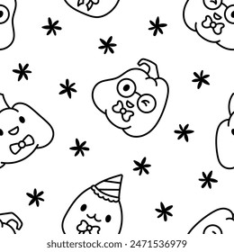 Cute kawaii Halloween pumpkin. Seamless pattern. Coloring Page. Holidays cartoon character. Monsters faces. Hand drawn style. Vector drawing. Design ornaments.