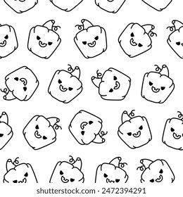 Cute kawaii Halloween pumpkin. Seamless pattern. Coloring Page. Holidays cartoon character. Monsters faces. Hand drawn style. Vector drawing. Design ornaments.