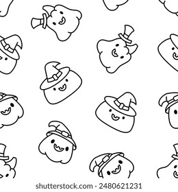 Cute kawaii Halloween pumpkin. Seamless pattern. Coloring Page. Holidays cartoon character. Monsters faces. Hand drawn style. Vector drawing. Design ornaments.