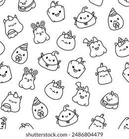 Cute kawaii Halloween pumpkin. Seamless pattern. Coloring Page. Holidays cartoon character. Monsters faces. Hand drawn style. Vector drawing. Design ornaments.